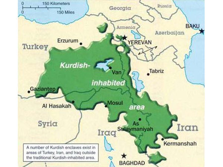 Siedlungsgebiete der Kurden in der Trkei, in Syrien, im Irak und im Iran